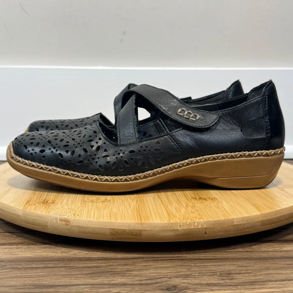 Rieker Antistress Mary Jane Women 40 Black Laser Cut Leather Boho Casual Comfort